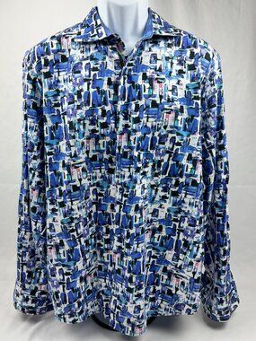 Robert Graham Men's Size XL Button Down Blue Abstract Geometric Floral Flip Cuff